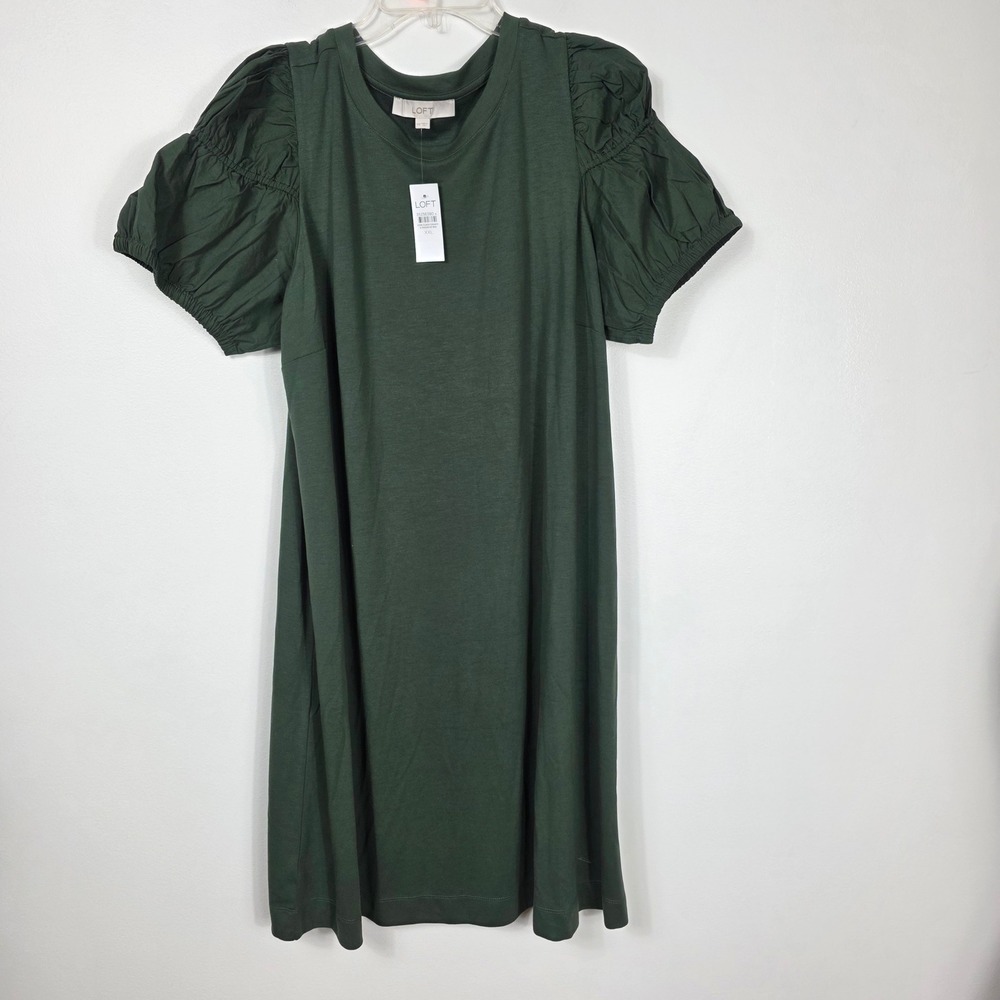 LOFT Puff Sleeve Knit Dress Sz 2‎ X Dark Green Casual Tunic - Picture 4 of 9